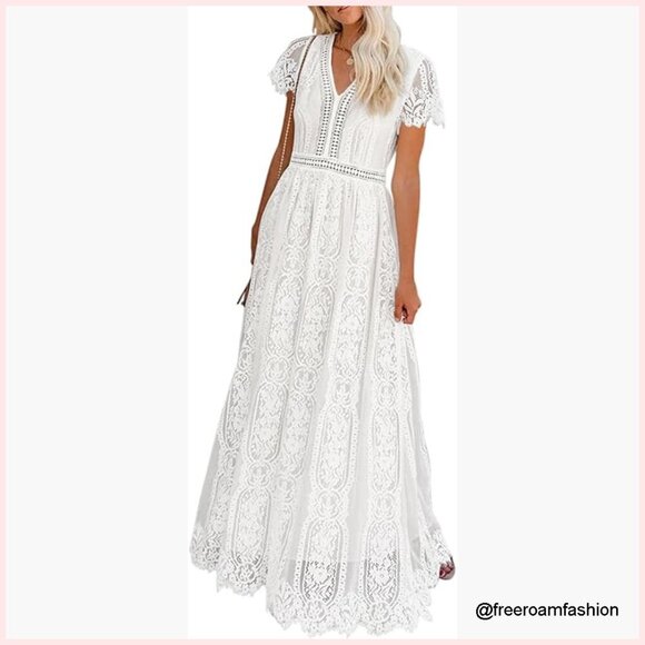 Dresses & Skirts - Floral Lace Maxi Dress V-Neck Short Sleeve A-Line Formal Wedding Party